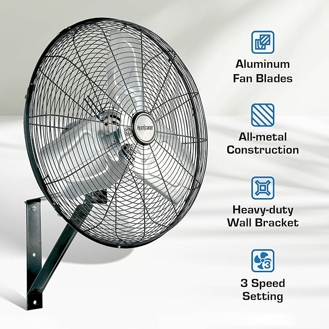 Hurricane Pro Commercial Grade Oscillating Metal Wall Mount Fan w/ 3 Speeds - Image 2