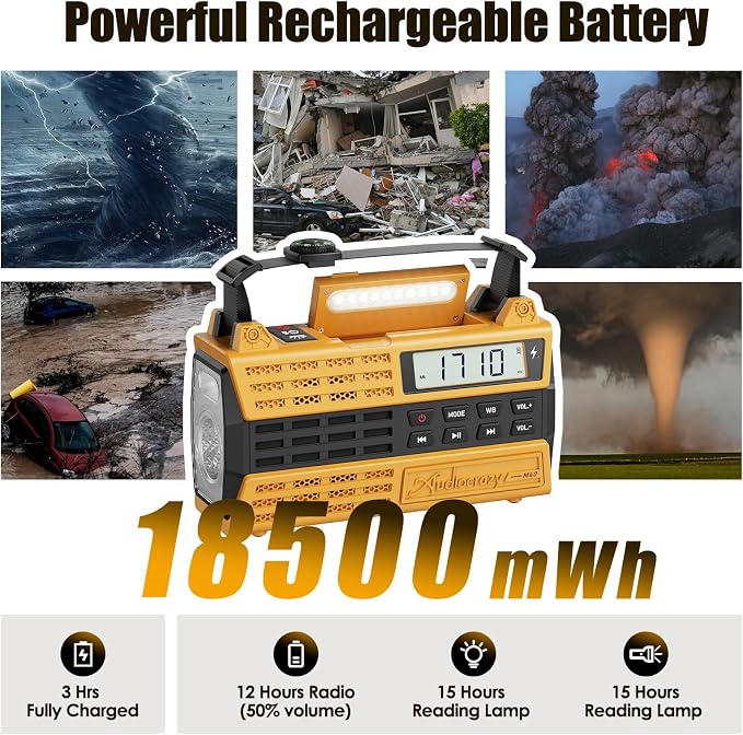 Emergency Radio, 5000mAh/18500mWh Solar Hand Crank Weather Radio - Image 3