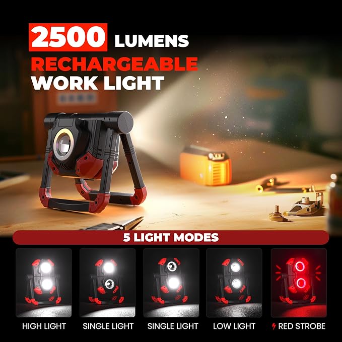 YZONI LED Work Light Rechargeable, 2 COB 2500LM Folding Portable Flood Light - Image 2
