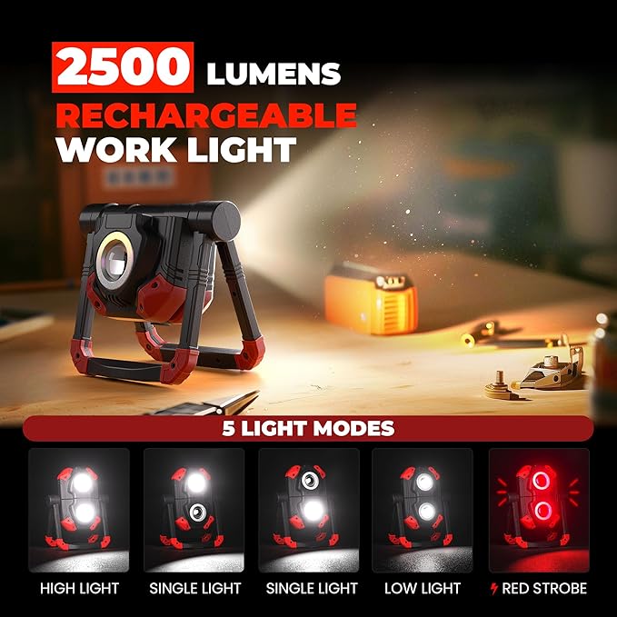 YZONI 2 Pack LED Work Light Rechargeable, 2 COB 2500LM Folding Portable Flood - Image 2