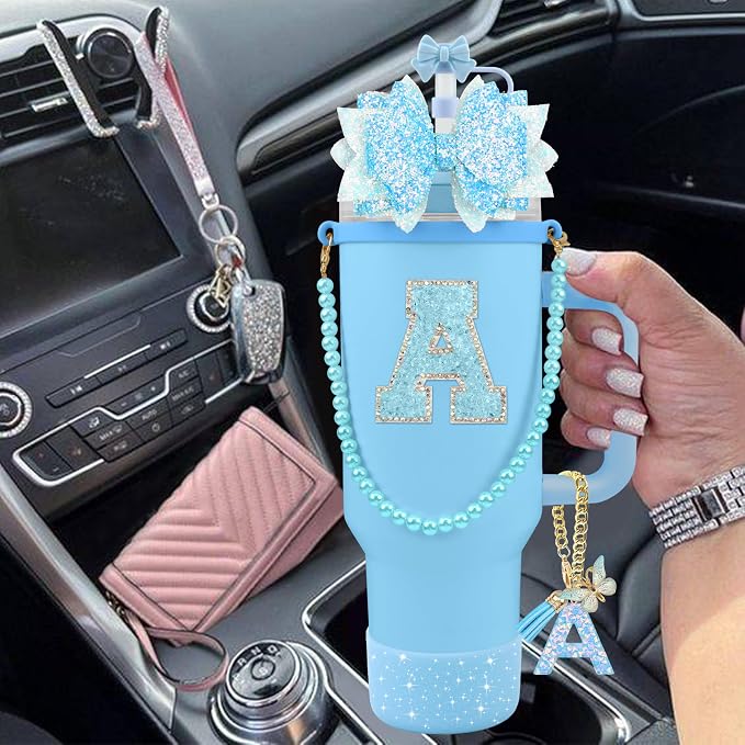 9PCS Blue for Stanley Cup Accessories Set Bling Initials Bow Charms for Stanley - Image 6