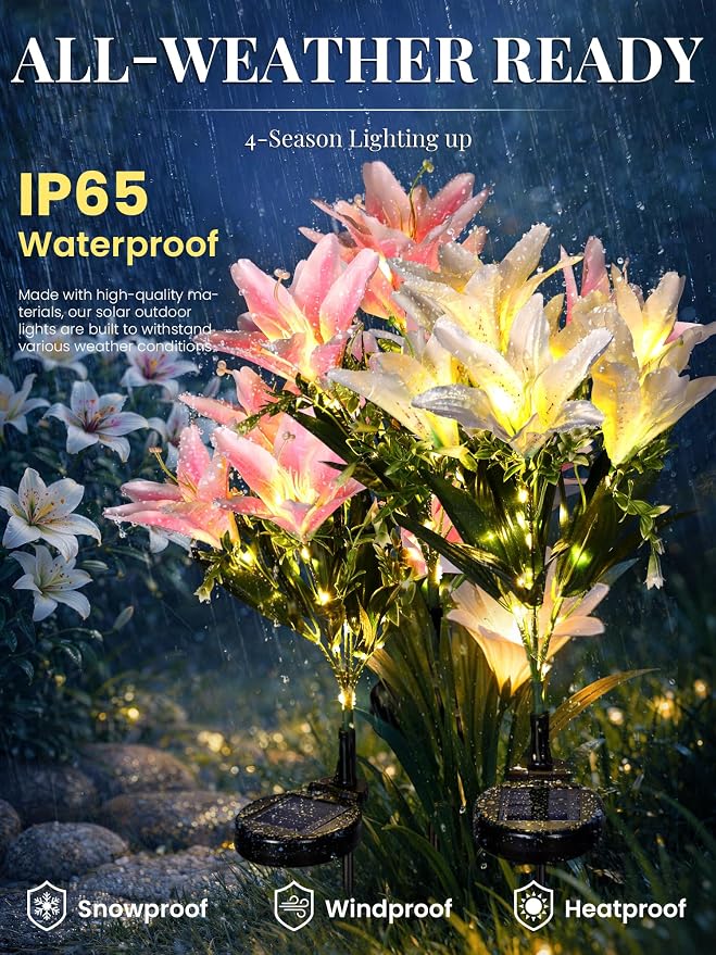 GIGALUMI Solar Garden Lights, 2 Pack LED Lily Garden Decor Carefree Solar - Image 2