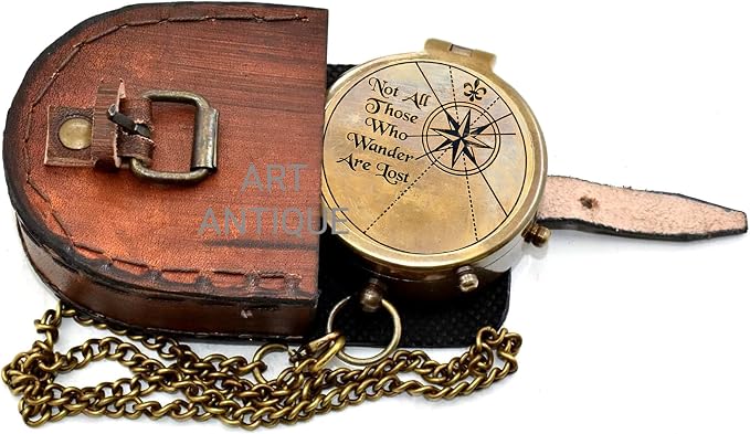 Vintage Brass Compass with Leather Case – Engraved “Not All Those Who Wander - Image 6