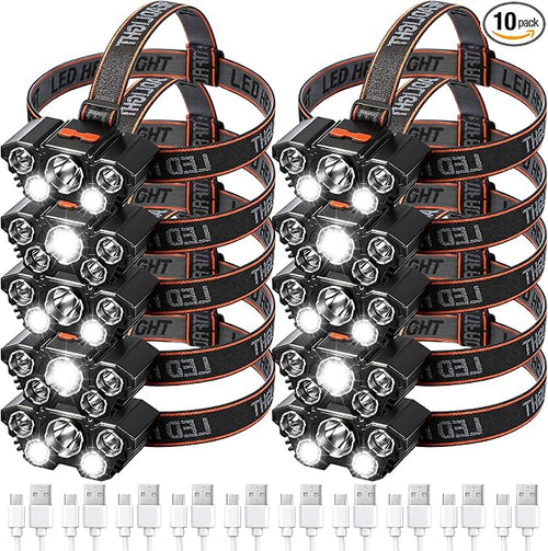 10 Pack Rechargeable Headlamp, USB Rechargeable LED Head Lamp Bulk, 4 Mode 90° by VIHOSE
