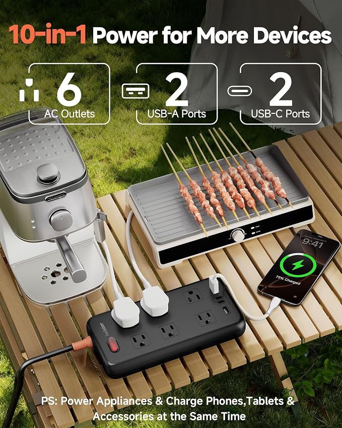 Outdoor Power Strip Waterproof IPX6, 15 Ft Extension Cord, 6 Wide Outlets & 4 - Image 2
