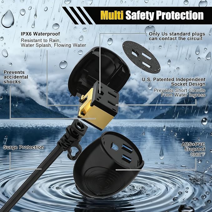 Blackcow Outdoor Power Extension Cord, 25 Ft, IPX6 Waterproof, Cold Weather & - Image 2