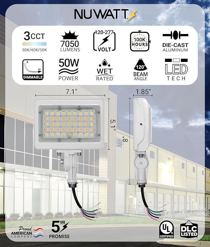 NUWATT 50W LED Flood Light, 3CCT 3000K/4000K/5000K Selectable, IP65 Waterproof - Image 2