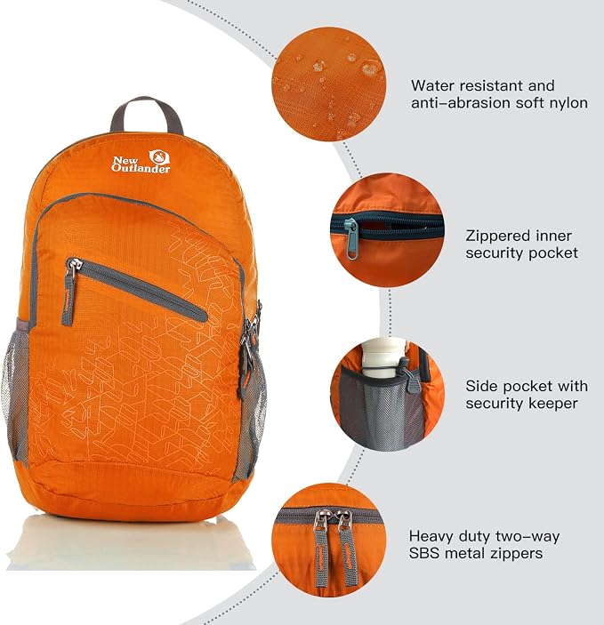 Outlander Packable Handy Lightweight Travel Hiking Backpack Daypack-Orange - Image 3