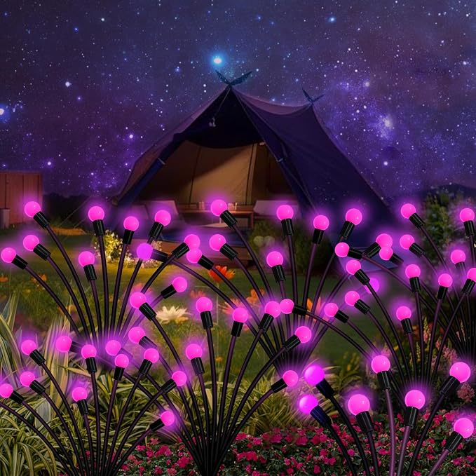 Kohlrabi Solar Garden Lights Outdoor, 2 Pack 16 LED Solar Pink Firefly Lights - Image 5