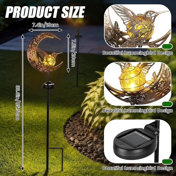 VIHOSE Solar Hummingbird Outdoor Lights Waterproof Moon Garden Stake Lights - Image 2