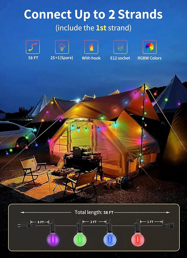 Brightown Outdoor String Lights 58 Feet G40 LED Patio Lights, 27 Plastic Edison - Image 5