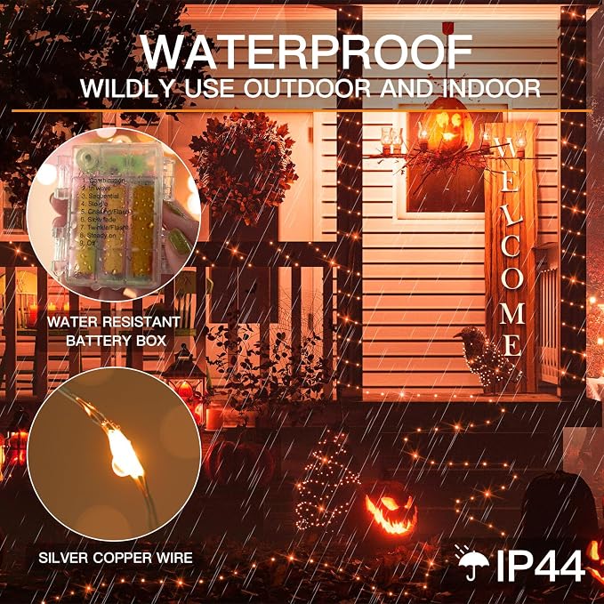 suddus Orange Halloween Fairy Lights Battery Operated, 66ft 200 LED Copper Wire - Image 4