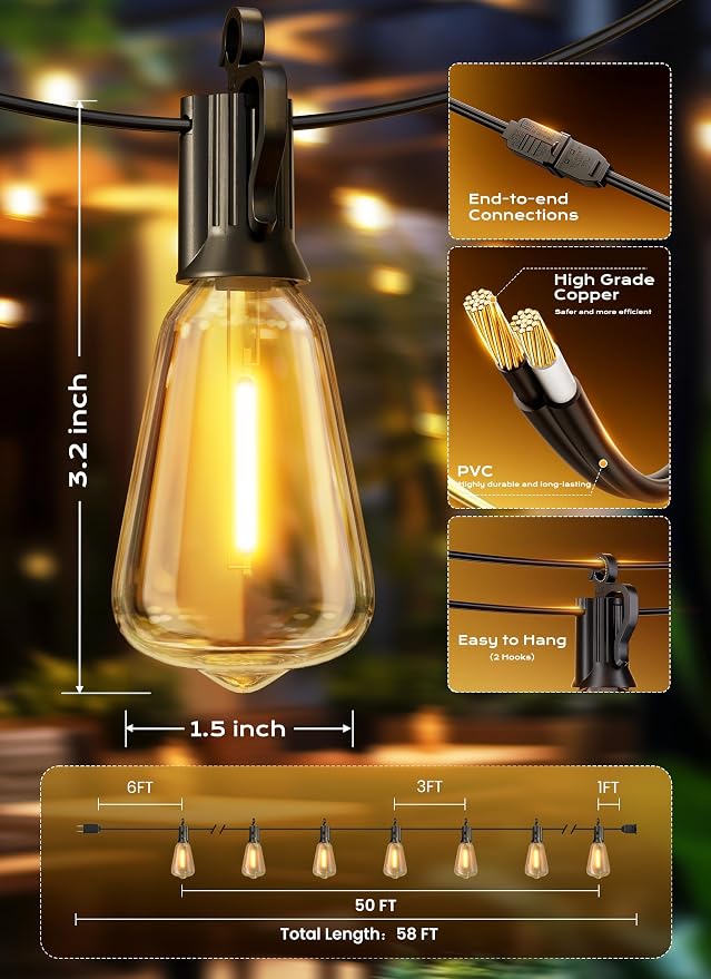 Brightown Outdoor String Lights, 50FT 18+1 LED ST38 LED Patio Lights - Image 7