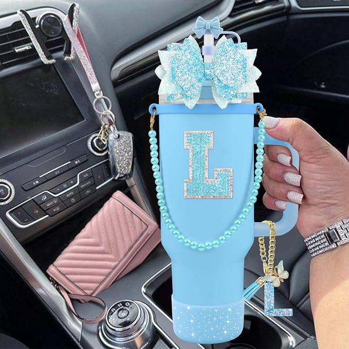 9PCS Blue for Stanley Cup Accessories Set Bling Initials Bow Charms for Stanley - Image 6