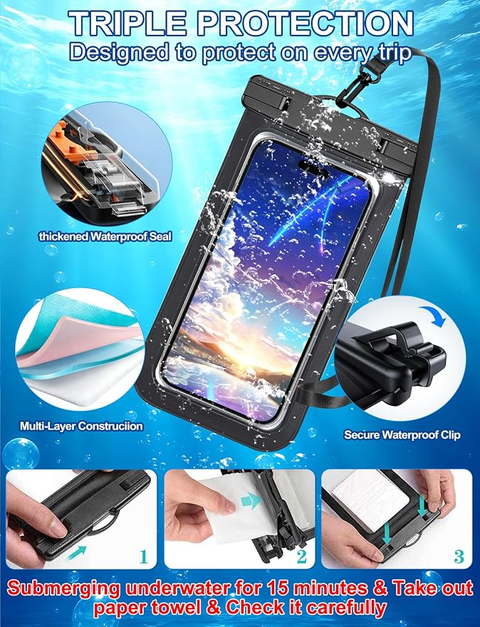 Famoby Up to 8.3" 3 Pack Black Universal Waterproof Phone Pouch, Phone - Image 5