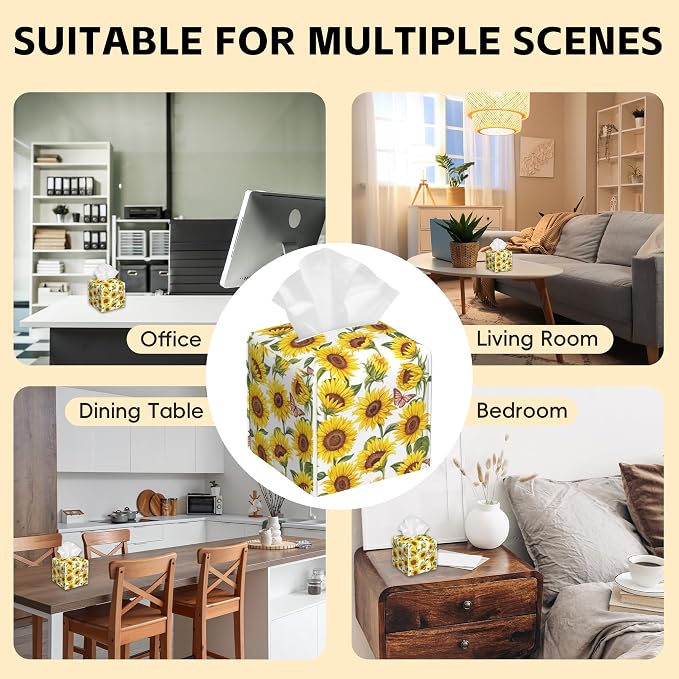 Tissue Box Cover Square, Sunflowers and Butterfly Tissue Box Holder Waterproof - Image 6