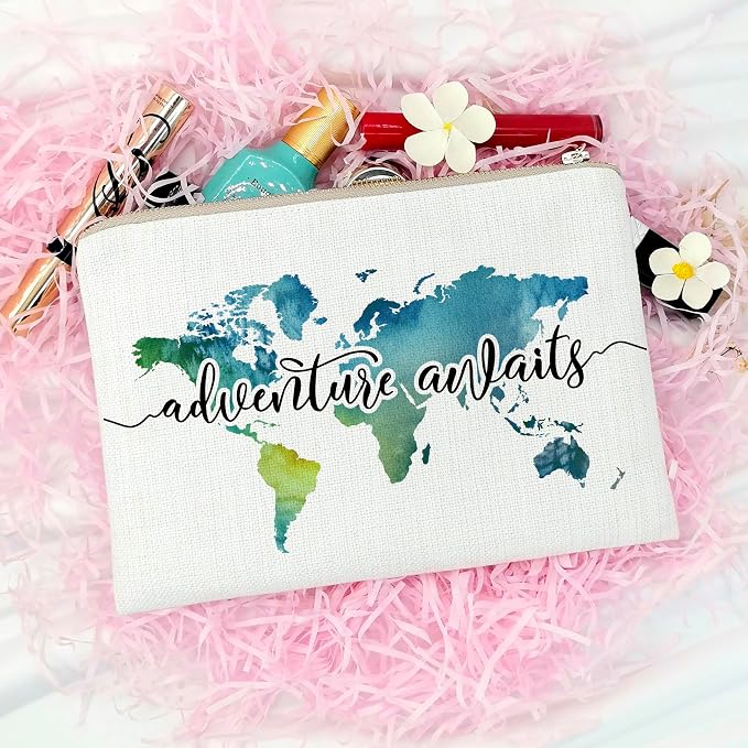Travel Bag Adventure Awaits Makeup Case Cosmetic Bag Nature Linen World Map - Image 4