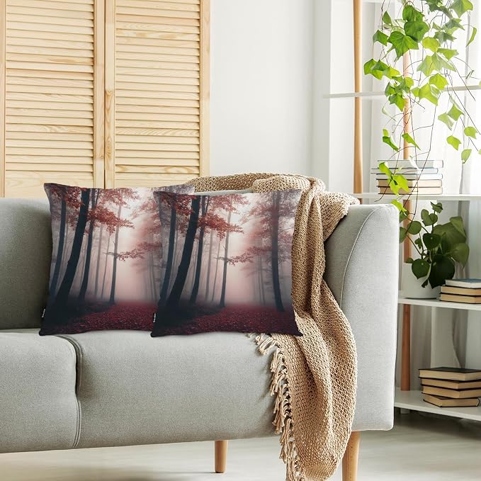 Swono Foggy Forest Throw Pillow Cases Pack of 2, Misty Autumn Tree Woods - Image 2