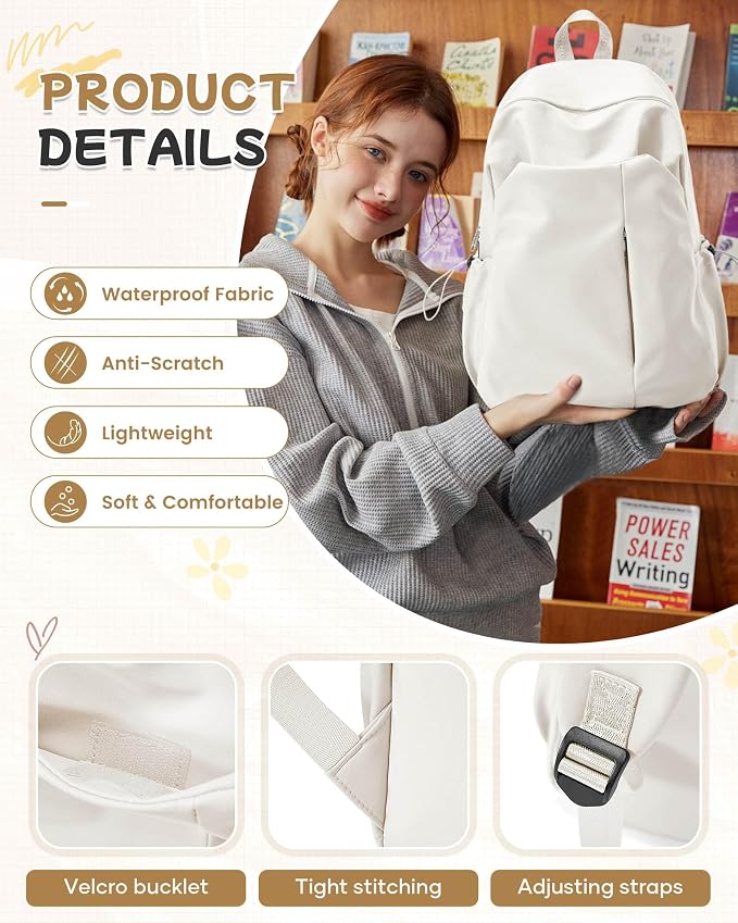 SEAFEW Beige School Backpack for Girls Women Waterproof High School Book Bag - Image 5