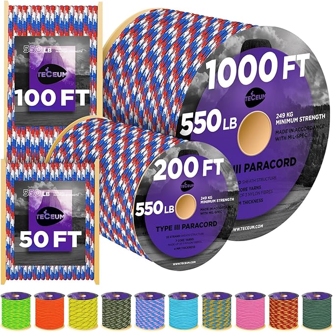 TECEUM Reflective Paracord Rope 1000 – 1000ft/200ft/100ft/50ft – 40+ Colors – by TECEUM