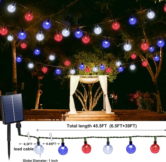Joomer 4th of July Red White Blue Solar String Lights, 39FT 60LED Waterproof - Image 3
