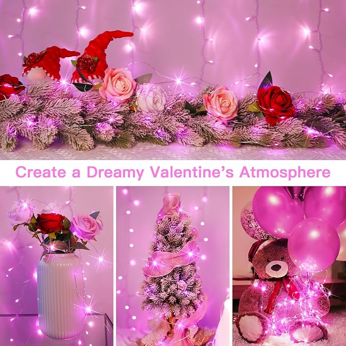 suddus Pink Valentine Day Fairy Lights Battery Operated, 66ft 200 LED String - Image 3