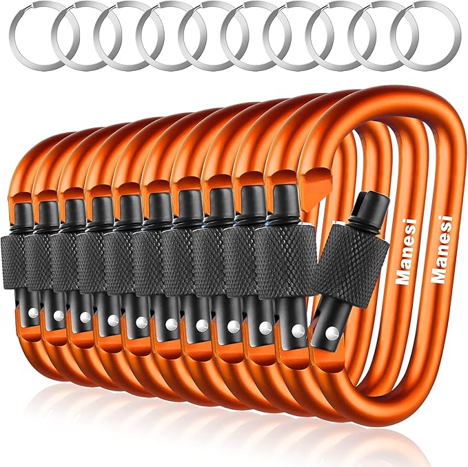 10 Pack Aluminum D Ring Key Rings Clips Locking Carabiner by Manesi