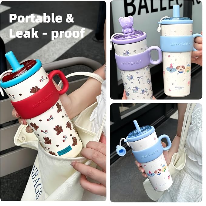 21oz Cute Bear Car Cup with Straw & Cap, Leak-Proof Portable Mug with Tea - Image 5