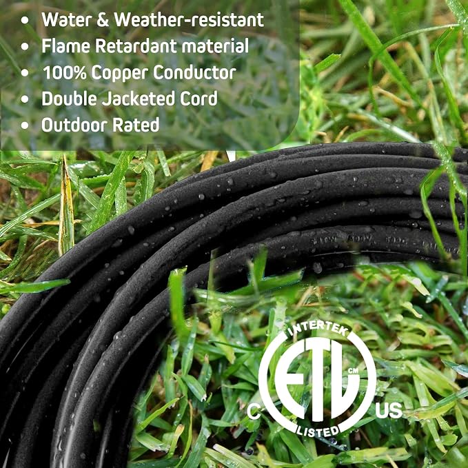 50FT Black Outdoor Extension Cord, Evenly Spaced 6 Outlets Plugs - Image 8