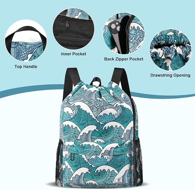 Drawstring Backpack with Mesh Pockets String Gym Bag Sackpack Sandproof Water - Image 4