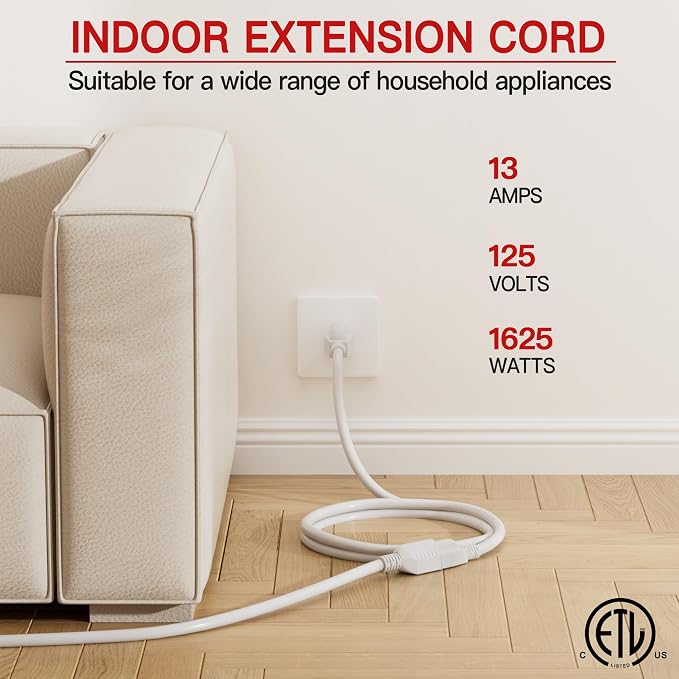 16/3 Short Extension Cord 6 FT, Indoor 3 Prong Power Cable, Suitable - Image 3