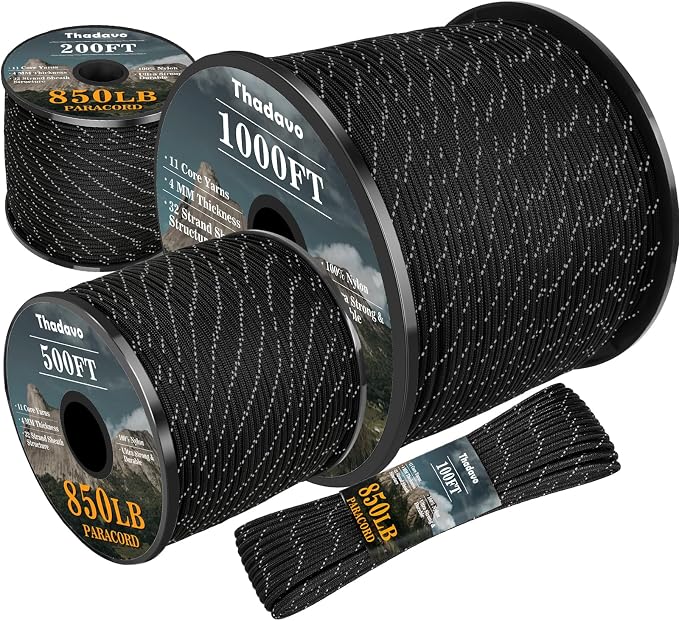 Reflective Paracord Rope 850Ib, 50/100/200/500/1000ft 4MM 11 Strand para Cords by Thadavo