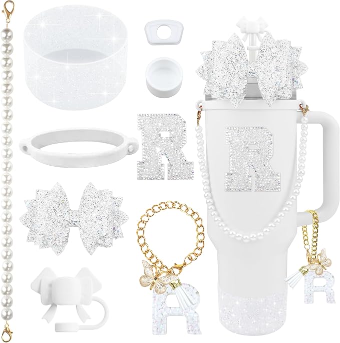 9PCS White for Stanley Cup Accessories Set Bling Initials Bow Charms for by Unknown