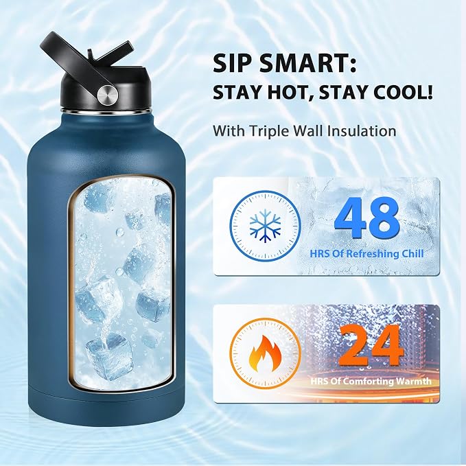 Insulated Water Bottle 64 oz, Triple Wall Vacuum Stainless Steel Water Bottles - Image 2