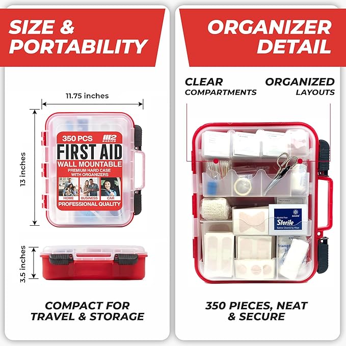 M2 BASICS Professional 350 Piece First Aid Kit, Wall Mountable Dual Layer Hard - Image 4