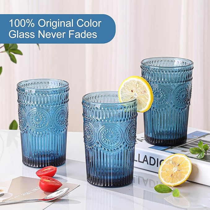 ZMOWIPDL Vintage Glassware Drinking Glasses Set of 6, 13 oz Blue Textured - Image 3