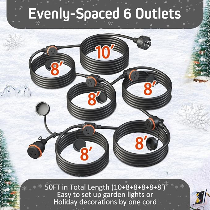50FT Black Outdoor Extension Cord, Evenly Spaced 6 Outlets Plugs - Image 2