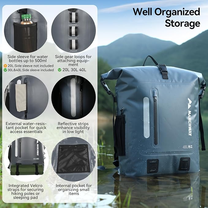 MARCHWAY Roll Top Waterproof Backpack, Floating Dry Bag 20L/30L/45L - Image 2