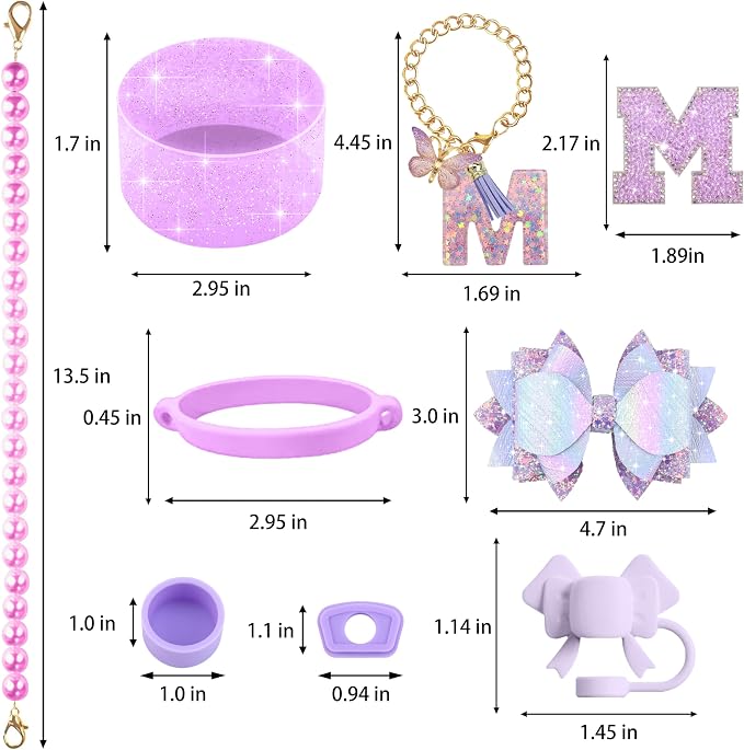 9PCS Purple for Stanley Cup Accessories Set Bling Initials Bow Charms for - Image 3
