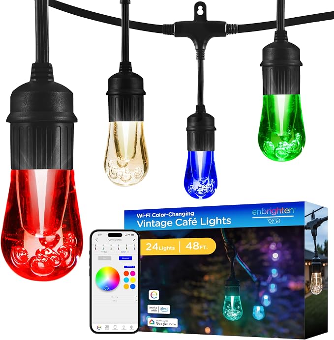 Enbrighten Vibe Vintage Outdoor String Lights Gen 2, 24 RGBWIC Acrylic Bulbs by Enbrighten