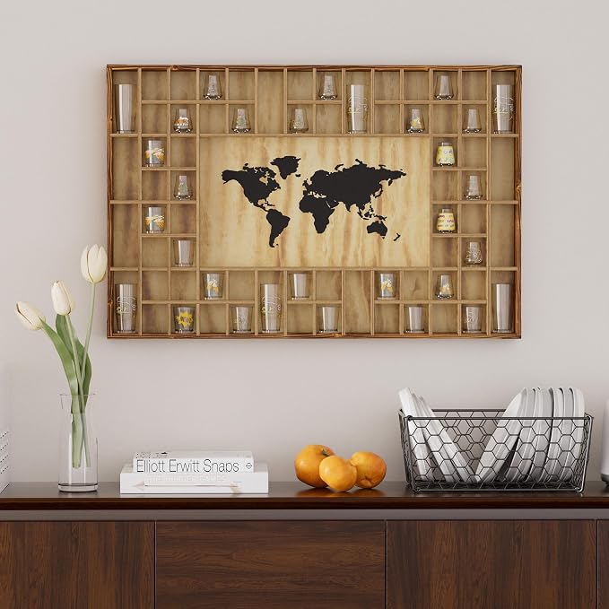 68 Large World Map Shot Glass Display Case Rustic Shot Glass Holder 37x 24.4in - Image 7