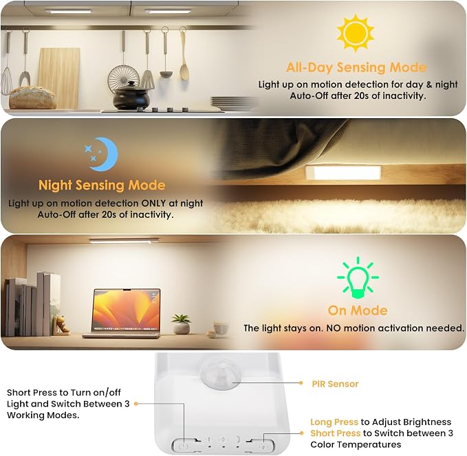 5-Pack Motion Sensor Under Cabinet Light, 3 Color Temperature Dimmable - Image 3