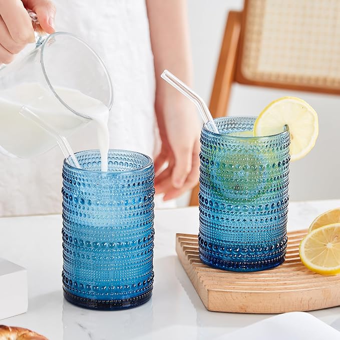 HomeVogue 15 oz Blue Hobnail Drinking Glasses - Image 4
