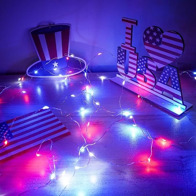 4th of July Decorations, 4 Pack Red White and Blue Fairy Lights Battery Operated - Image 7