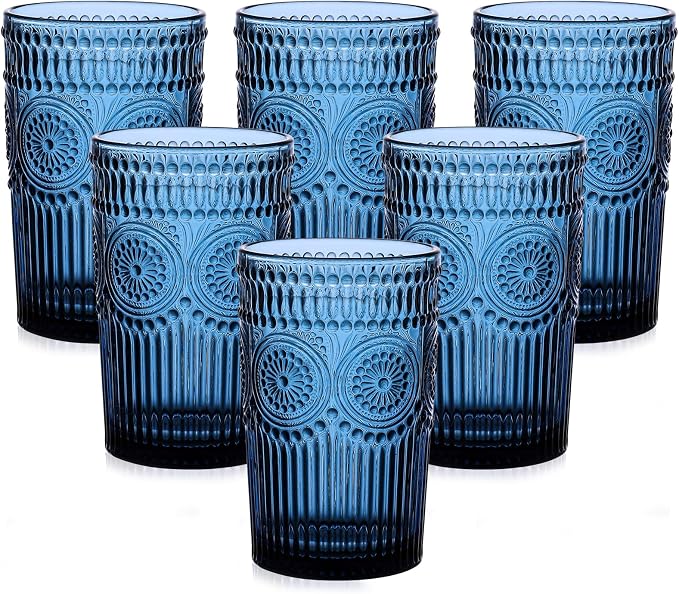 ZMOWIPDL Vintage Glassware Drinking Glasses Set of 6, 13 oz Blue Textured by ZMOWIPDL