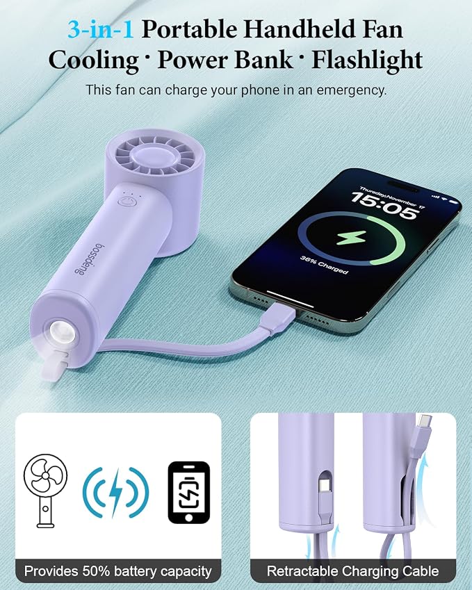 Portable Handheld Fan with Power Bank, 3 IN 1 USB Rechargeable Mini Personal - Image 3