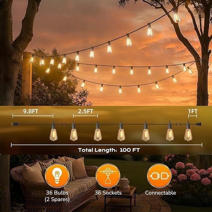100FT Outdoor String Lights, Waterproof Patio Lights - Image 5