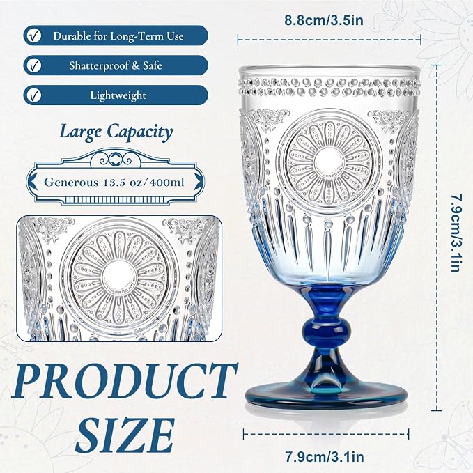 XUWAIDSGN 24Pcs Plastic Vintage Wine Glasses 13.5oz Reusable Embossed Goblet - Image 5