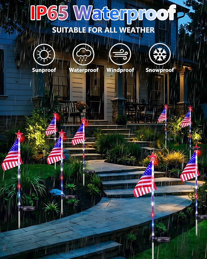 8 Pack American Flag Solar Lights Outdoor, 4th of July Decorations Red White - Image 7