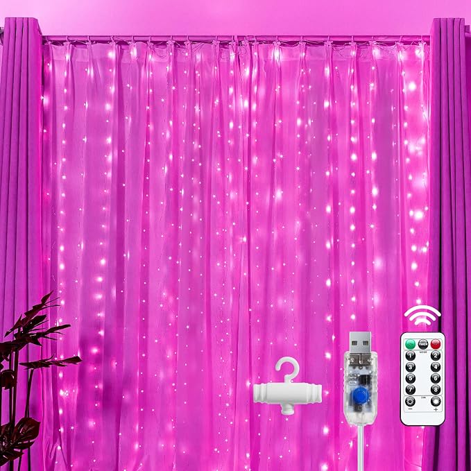 Brightown 300 LED Pink Fairy Curtain Lights, 9.8ft x 9.8ft String Lights by Brightown